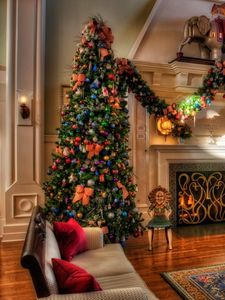 Превью обои рождественские елки, праздник, украшения, камин, дом, уют, интерьер