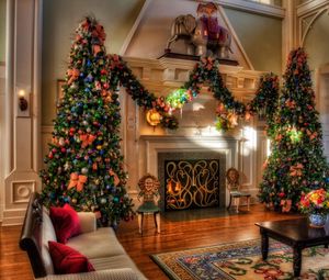 Превью обои рождественские елки, праздник, украшения, камин, дом, уют, интерьер