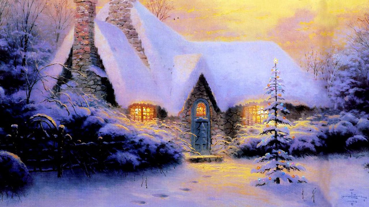Обои рождество, новый год, дом, елка, снег, зима, свет, каменный