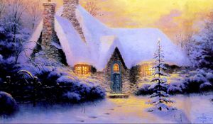 Превью обои рождество, новый год, дом, елка, снег, зима, свет, каменный