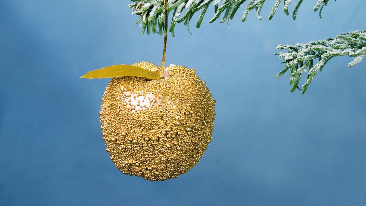 Обои рождество, новый год, яблоко, ветка, украшение, елка, снег, золотое