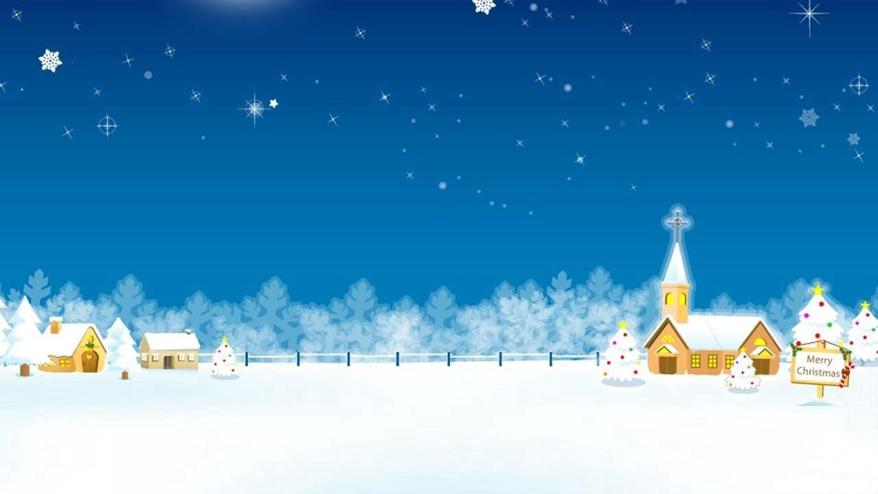 Обои рождество, праздник, дома, церковь, луна, звезды, елки