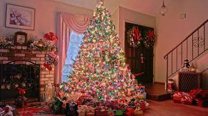 Превью обои рождество, праздник, елка, подарки, камин, дом