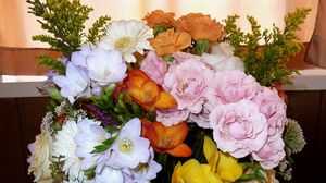 Превью обои розы, фрезия, герберы, цветы, букет, оформление