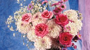 Превью обои розы, георгины, цветы, букет, ваза, оформление, шикарно