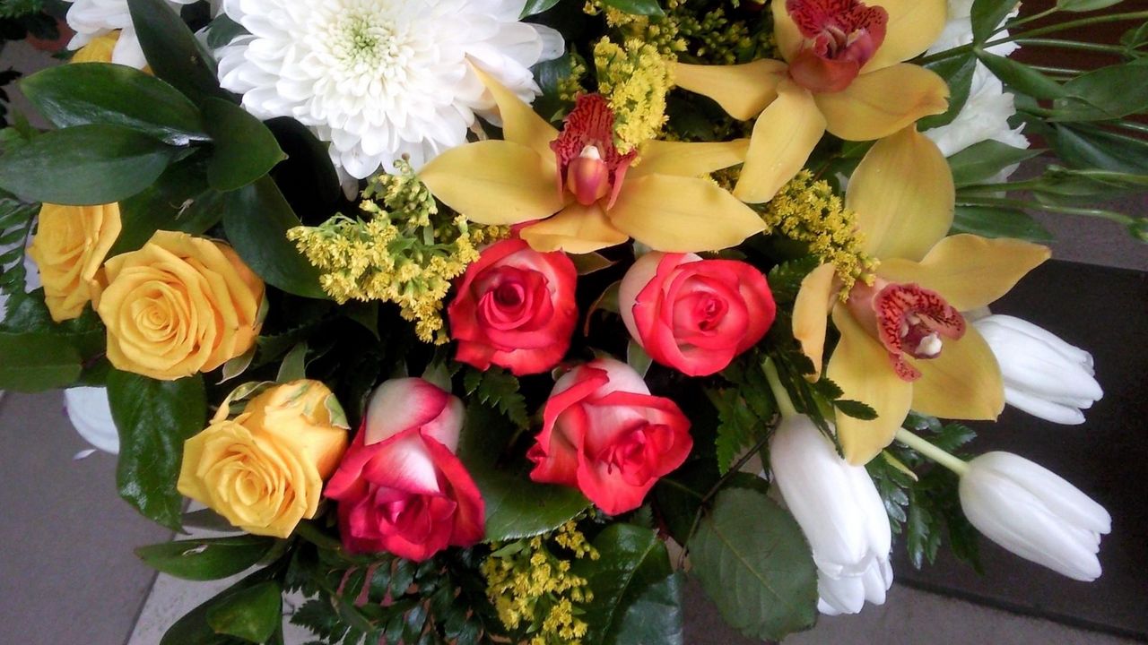 Обои розы, хризантемы, орхидеи, тюльпаны, цветы, букет, зелень, красиво