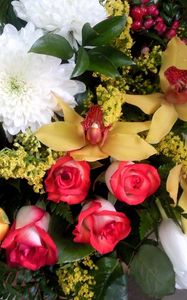 Превью обои розы, хризантемы, орхидеи, тюльпаны, цветы, букет, зелень, красиво