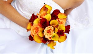 Превью обои розы, каллы, свадебный букет, невеста, платье