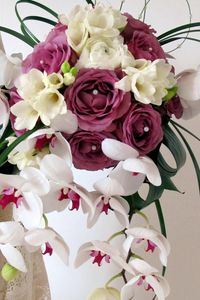 Превью обои розы, орхидеи, фрезия, букет, композиция, бусинки