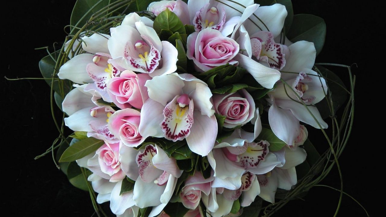 Обои розы, орхидеи, цветы, букет, композиция, оформление, зелень