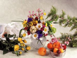 Превью обои розы, ромашки, цветы, полевые, букеты, ваза, фрукты, натюрморт