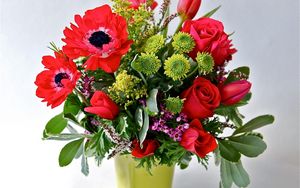 Превью обои розы, тюльпаны, хризантемы, цветы, букет, ваза