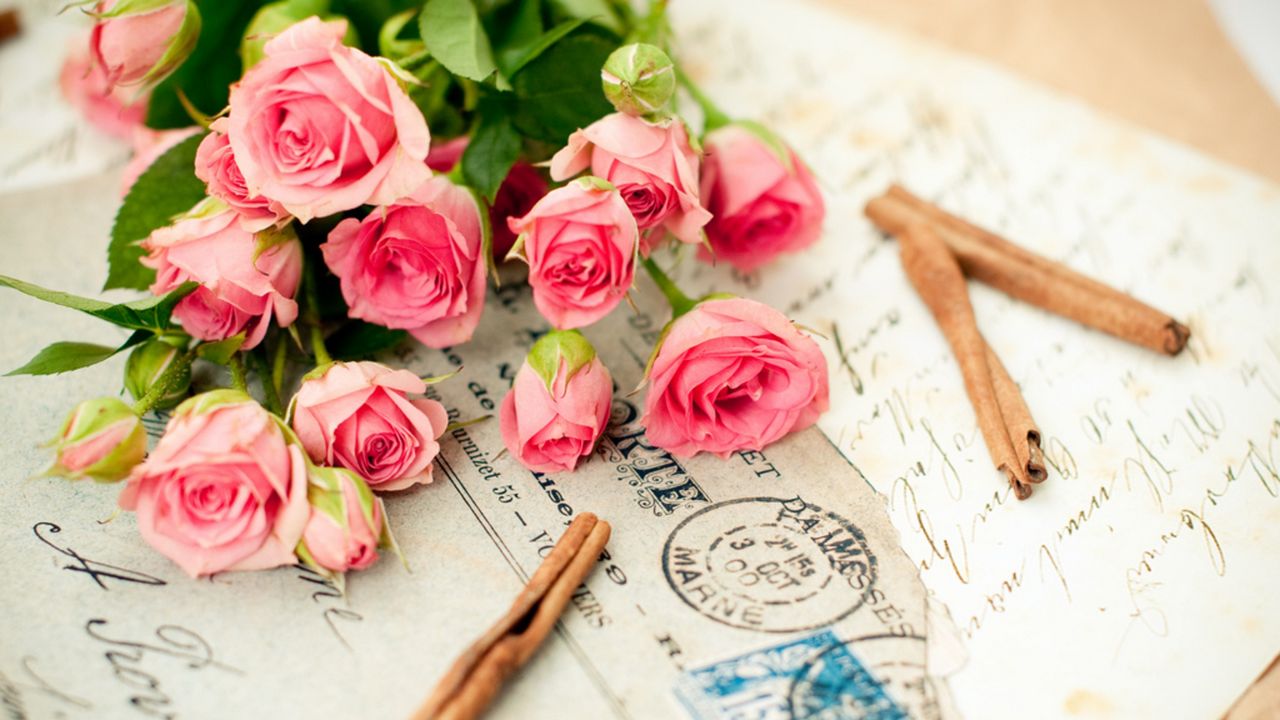Обои розы, цветы, букет, письмо, корица