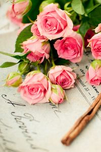 Превью обои розы, цветы, букет, письмо, корица