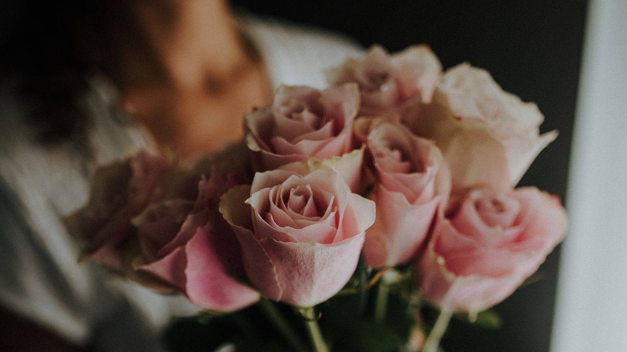 Обои розы, цветы, букет, девушка, размытие