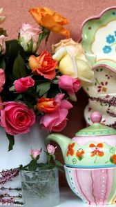 Превью обои розы, цветы, букет, ваза, посуда, сервиз