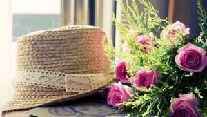 Превью обои розы, цветы, букет, зелень, шляпа, картина