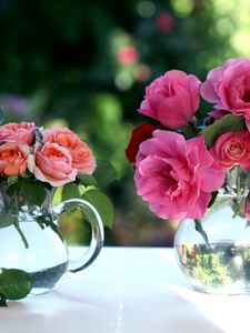 Превью обои розы, цветы, букеты, кувшины, окно