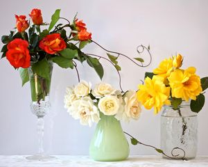 Превью обои розы, цветы, букеты, три, разные, вазы, фужер