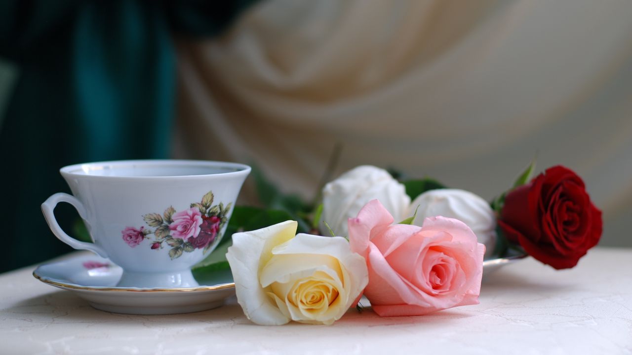 Обои розы, цветы, чай, зефир, романтика