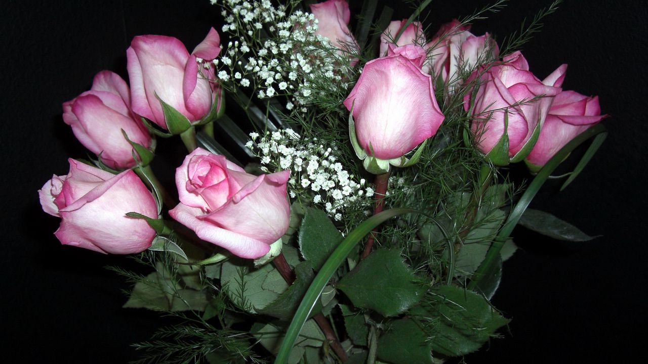 Обои розы, цветы, гипсофил, букет, ваза