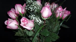 Превью обои розы, цветы, гипсофил, букет, ваза