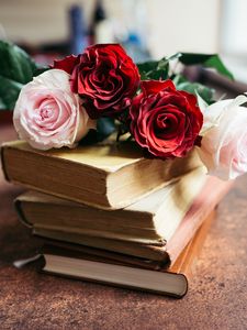 Превью обои розы, цветы, лепестки, букет, книги