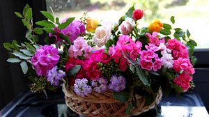 Превью обои розы, цветы, разные, много, садовые, корзина, композиция
