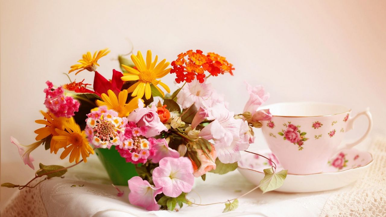 Обои розы, цветы, разные, чаша, чайные набор, скатерть