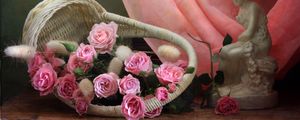 Превью обои розы, цветы, розовые, корзина, статуэтка, ткань