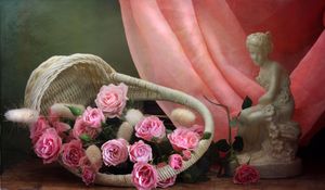 Превью обои розы, цветы, розовые, корзина, статуэтка, ткань