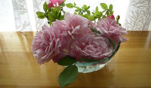 Превью обои розы, цветы, садовые, бутоны, ваза, стол, занавеска