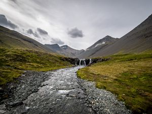 Превью обои ручей, галька, горы, долина, трава