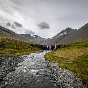 Превью обои ручей, галька, горы, долина, трава