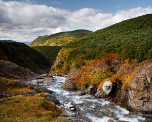 Превью обои ручей, холмы, трава, камни