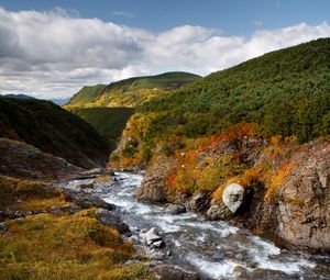 Превью обои ручей, холмы, трава, камни