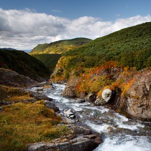 Превью обои ручей, холмы, трава, камни