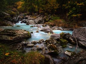 Превью обои ручей, камни, деревья, трава, природа