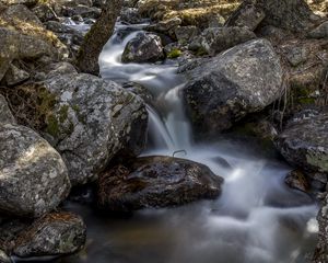 Превью обои ручей, камни, долгая выдержка, природа