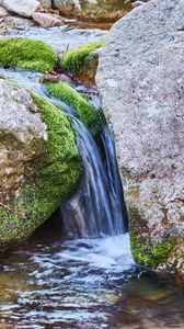 Превью обои ручей, камни, мох, вода, поток, природа