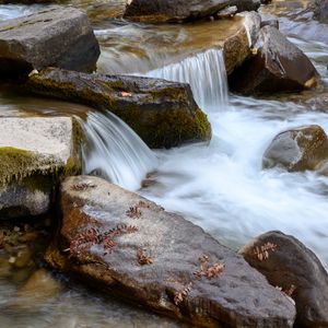 Превью обои ручей, камни, вода, листья, осень