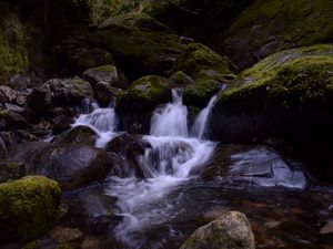 Превью обои ручей, камни, водопад, мох, природа