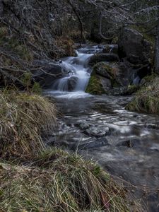 Превью обои ручей, каскад, трава, камни, природа