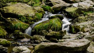 Превью обои ручей, вода, каскад, камни, галька