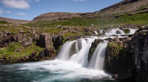 Превью обои ручей, водопад, камни, трава, брызги, склон, природа