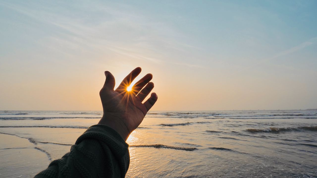 Обои рука, пальцы, солнце, лучи, море, волны