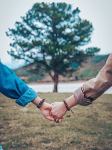 Превью обои руки, пара, дерево, нежность, размытость
