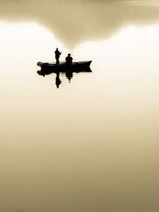 Превью обои рыбаки, лодка, озеро, силуэты, минимализм