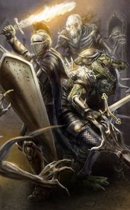 Превью обои рыцарь, доспехи, шлем, оружие, меч, огонь, щит, крокодил, скелеты, арт