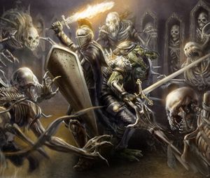 Превью обои рыцарь, доспехи, шлем, оружие, меч, огонь, щит, крокодил, скелеты, арт